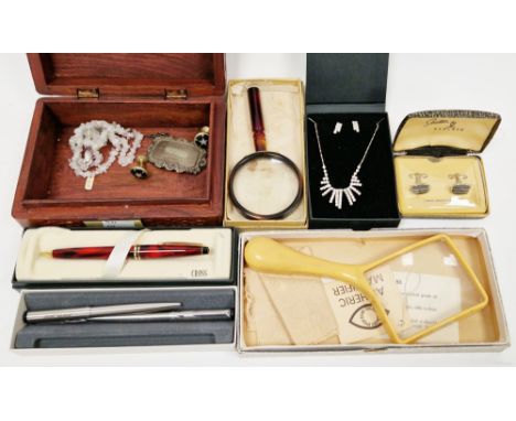 Mixed lot of collectables including silver presentation spirit label, wooden box, two Parker ballpoint pens (inscribed with a