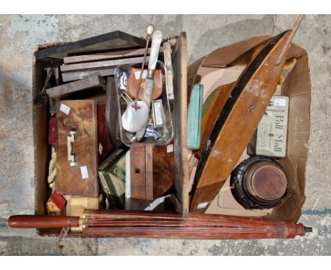 Mid-century pond yacht, a carved Chinese wood bar stand, another similar, an Asian folding parasol, a box of assorted cufflin