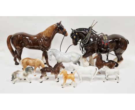 Various English and Continental porcelain models of horses and foals, including: a large Melba Ware model of a brown shire ho