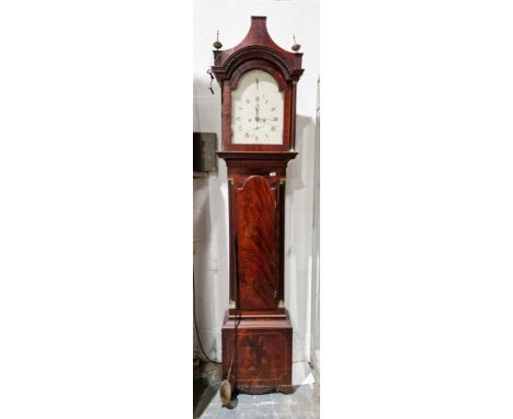 19th century mahogany longcase 8-day clock, the arched hood with brass finials, the painted face with silent/strike dial, dat