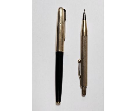 9ct gold cased propelling pencil with engine turned decoration, inscribed with initials together with Parker 12ct rolled gold