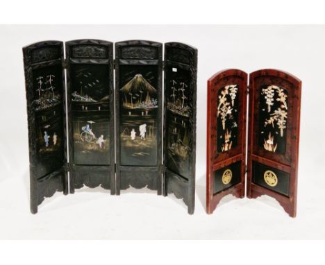 Two Japanese lacquered folding screens, the first being a four-fold screen decorated in gilt and mother-of-pearl scenes of Mo