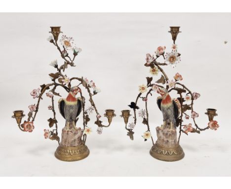 Pair of 20th century gilt-metal and Continental porcelain mounted three-light candelabra, iron-red G&amp;C marks to underside