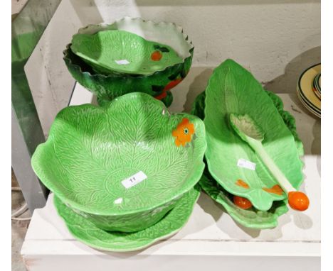 Group of Art Deco green leaf moulded dinnerwares, various printed black marks, including a Carltonware footed salad bowl, a F