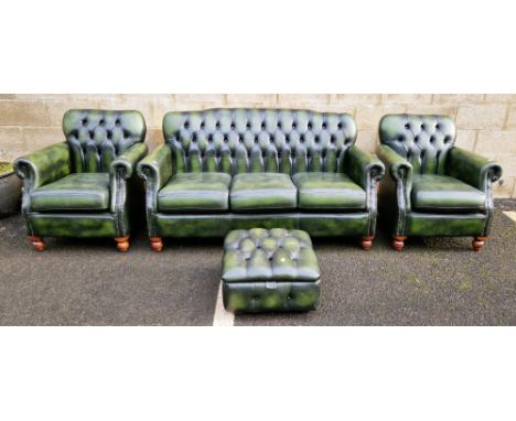 Thomas Lloyd green leather Chesterfield three-piece suite with matching footstool, comprising a three-seater sofa with button