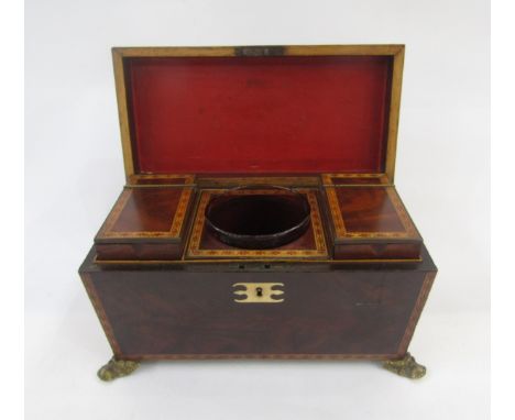 Regency inlaid mahogany tea caddy, sarcophagus shaped, with lozenge inlaid borders, gilt metal double headed winged eagle and