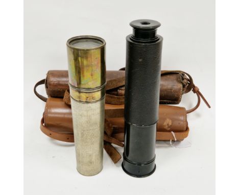 Callaghan &amp; Co of London black lacquered and black leather four-draw telescope ( 75cm long extended ) in brown leather ca