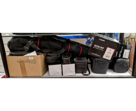 Collection of cameras, equipment and accessories including Canon EOS R camera with Canon EW-73D lens, Canon EOS M5 camera, Ca