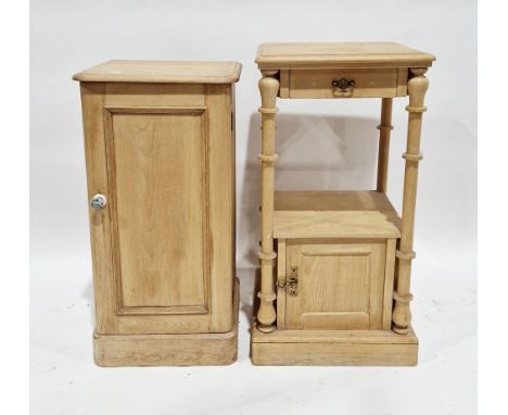 Two 19th century stripped pine bedside cabinets, the first with single panel door opening to a shelf, on plinth base, 76cm hi