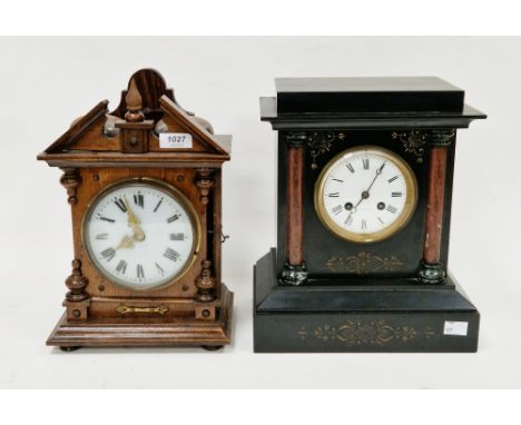 19th century slate and marble eight-day mantel clock, the white enamel face with roman numerals, 30cm high and an early 20th 