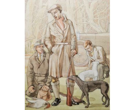 20th century school Watercolour drawing Shooting scene with figures and dogs, unsigned, framed and glazed, mount aperture 23.