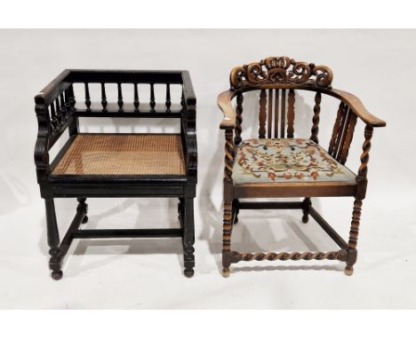Early 20th century tub chair, the top rail with crown and scrolling foliage cresting, drop-in needlework upholstered seat, sl