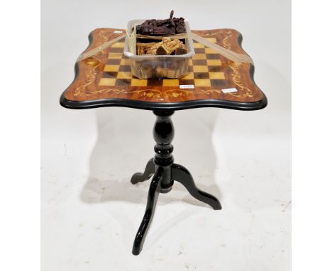 Italian Sorrento games table, the square top with inlaid chessboard and shaped edge, on a single turned pedestal with three s