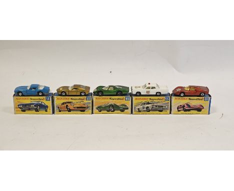 Five boxed Matchbox Superfast diecast model cars to include No.14 Iso Grifo, No.33 Lamborghini P400, No.45 Ford Group 6, No.5