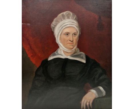 19th century school Oil on canvas Portrait of woman wearing black dress and white headress, unsigned, framed, 77cm x 64cm