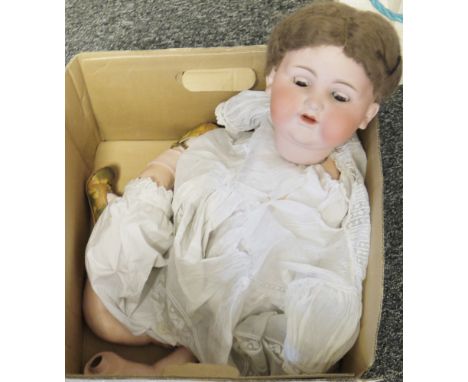 Armand Marseille German bisque head doll, marked 990 A.14.M to back of head, with sleeping brown eyes, open mouth with two te