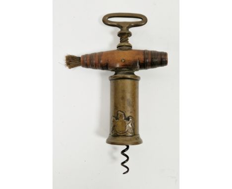 19th century Thomason III variant patent NE plus ultra corkscrew with a brass ring handle, wooden shaving brush and brass bar