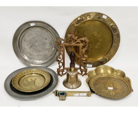 Mixed lot of metalware including Joseph Sankey Art Nouveau brass plate, 36cm diameter, two antique pewter plates with touchma