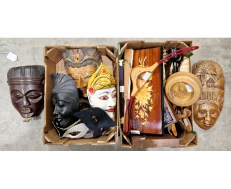 Six wooden carved ethnic face masks together with three Venetian face masks and a mixed lot of collectable items including ca