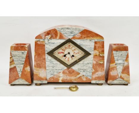 Art Deco 8-day rouge and white marble clock garniture, the clock with domed top and lozenge shaped dial with faux mother of p