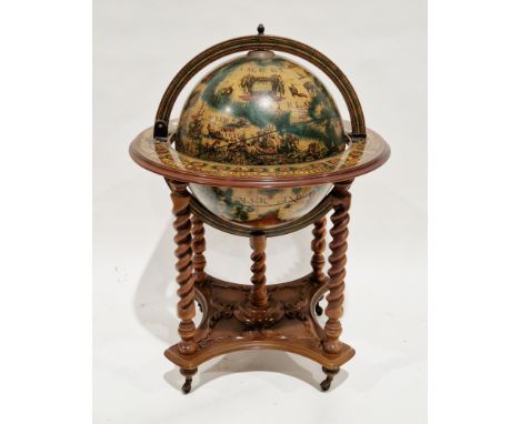 20th century Italian-style terrestrial globe cocktail cabinet, the surround of the cabinet decorated with signs of the zodiac