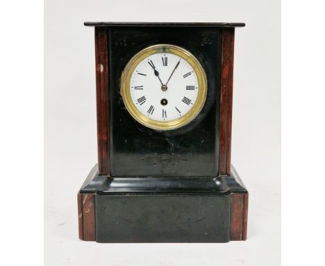 19th century slate and marble mantel clock, the white enamel dial with Roman numerals and single winding hole, with pendulum 