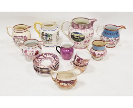 Group of Staffordshire and Sunderland lustreware pottery, circa 1825 and later, comprising a Sunderland Bridge jug printed wi