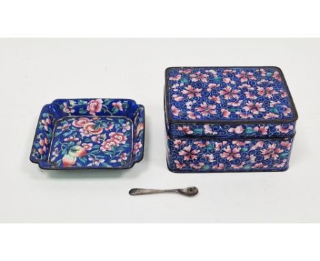 Chinese cloisonne lidded box decorated with pink flowers on a blue ground, 10cm long together with a similar cloisonne ashtra