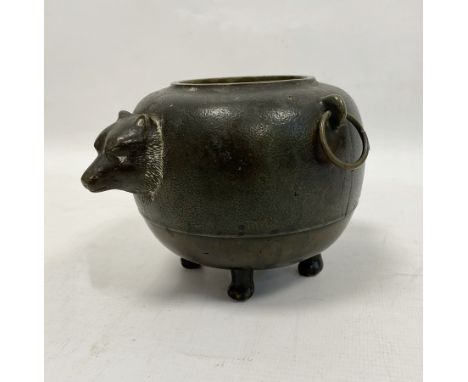 Japanese bronze 'Magic Tea Kettle' pot, ovoid,&nbsp;with a badger's head on one side and the tail on the other, on four paw f