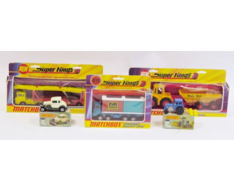 Three boxed Matchbox Super Kings diecast models to include K-11 DAF Car Transporter, K-5 Muir-Hill Tractor and Trailer, K-14 