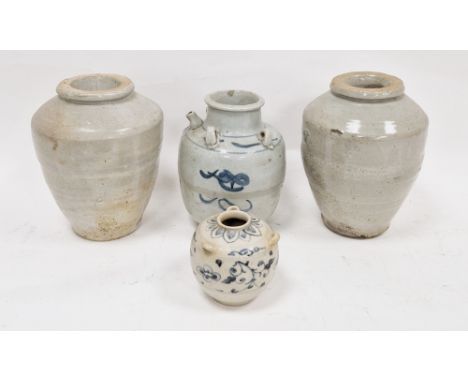 Vietnamese oviform lug handled blue and white Hoi An shipwreck vase, circa 15th century, painted with scrolling tendrils and 