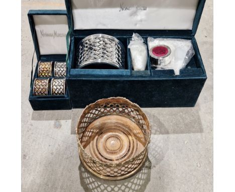 Neiman Marcus white metal wine set contained in a green fabric box including a bottle coaster, corkscrew and bottle stopper,&