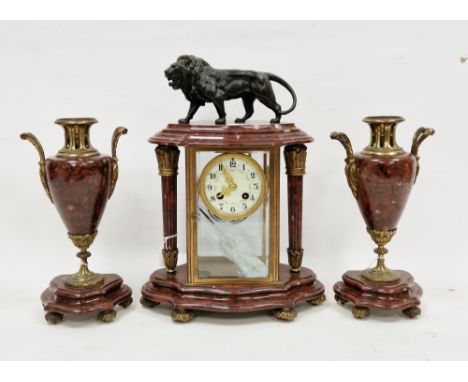 Late 19th century French gilt-metal and red marble mounted mantel clock garniture, the regulator mantel clock within bevelled