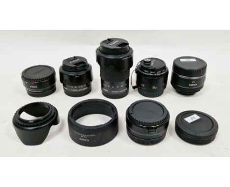Four Canon camera lenses - RF50mm F1.8 STM, 15045 image stabilizer with EW-53 hood, EF 50mm 1:1.8 II and 18-150mm image stabi