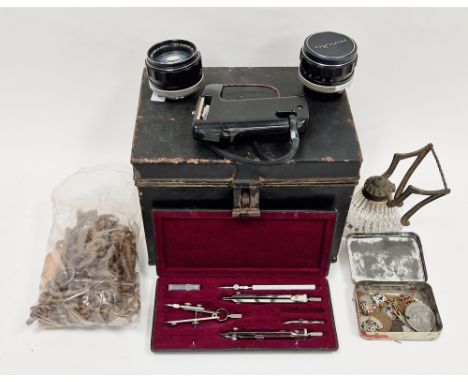 19th century metal box containing collectables including collection of old keys, largest approximately 11cm, two Yale padlock