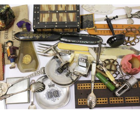 A mixed lot to include metal ware a cribbage board, two papier mache spectacle cases etc.