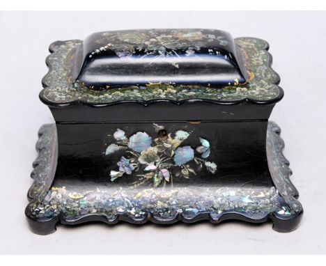 A Victorian inlaid papier mache tea caddy. L25cm