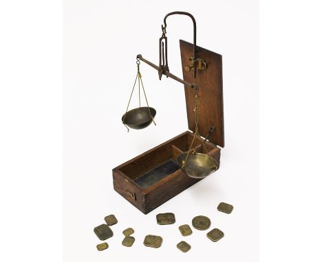 19th Century brass balance scales with weights and oak box