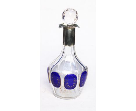 A Bohemian overlaid glass decanter with silver plated collar H28cm