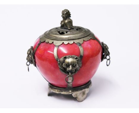 A Chinese red jade and white metal mounted incense burner. Four character mark to base. H9cm