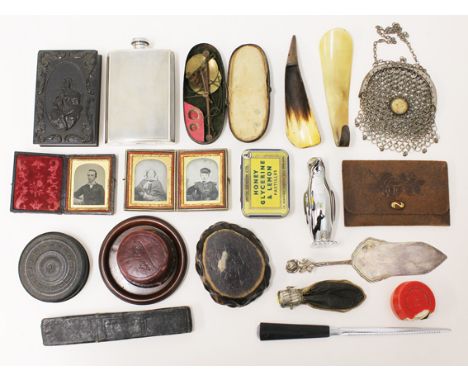 A mixed lot to include two Victorian photographs and a plastic daguerreotype case, a plated hip flask, a penguin corkscrew et