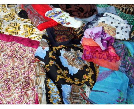 A quantity of vintage silk and cotton scarves