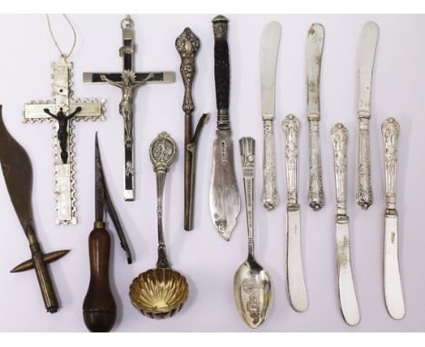 A mixed lot comprising two crucifixes, a trench art letter opener and various EPNS