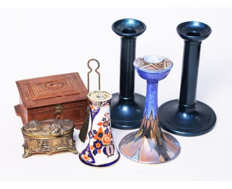 A mixed lot comprising a Noritake vase, a pair of Torquay Amphorite candle sticks, a Chameleon ware candlestick, a carved box