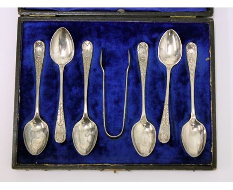 A set of hallmarked silver tea spoons & sugar tongs