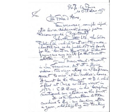 Great War fighter ace Baron Willy Coppins hand written four page letter 1971, with good content regarding his flying career. 