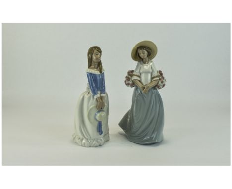 Nao by Lladro Figures ( 2 ) In Total. 1/ The Flower Seller, Model Num 1356. Stands 11.5 Inches High. 2/ Young Girl In Party D