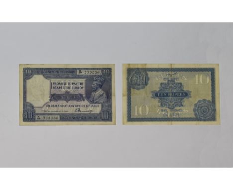 Government of India Bank Note - Ten Rupees. H39 773036, with Portrait of George V to Front of Note. Signed V. Denning. c.1917