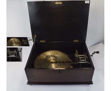 ORPHEUS DISK MUSICAL BOX, playing 143/8'' (36.5cm) discs (edge drive), casa non-original, early version with dampers and brak