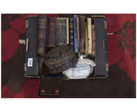 Collection of Assorted Collectables including various old books, small tureen, glove press and spice container.